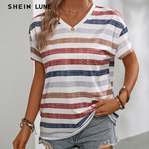 SHEIN Striped V-Neck Tee in Red, Blue, and Tan Size 12 XL - Picture 2 of 5
